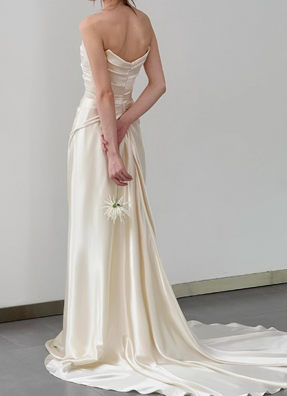Simple champagne off-shoulder satin fishtail wedding dress with train P2704