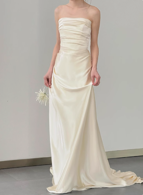 Simple champagne off-shoulder satin fishtail wedding dress with train P2704