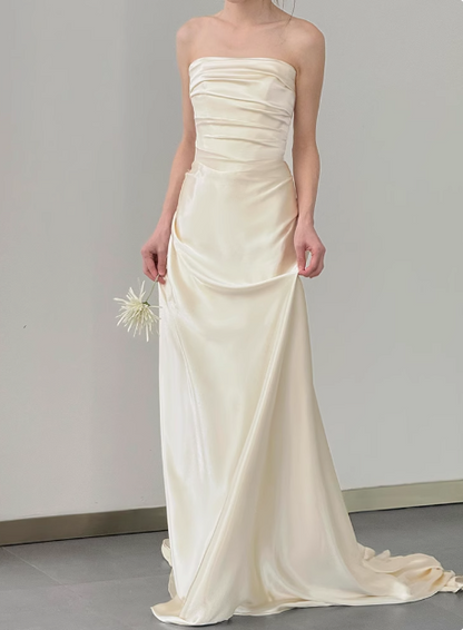 Simple champagne off-shoulder satin fishtail wedding dress with train P2704