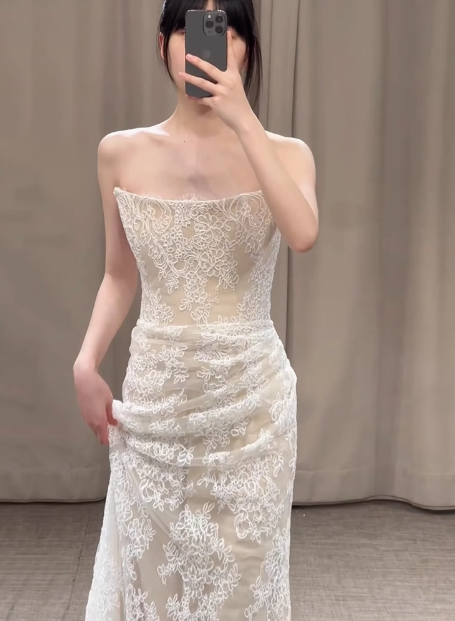 Simple Strapless Champagne Lace Mermaid Wedding Dress P2705