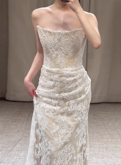 Simple Strapless Champagne Lace Mermaid Wedding Dress P2705