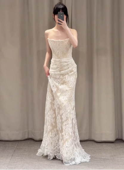 Simple Strapless Champagne Lace Mermaid Wedding Dress P2705