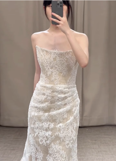 Simple Strapless Champagne Lace Mermaid Wedding Dress P2705