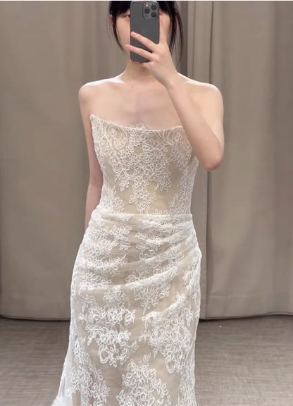 Simple Strapless Champagne Lace Mermaid Wedding Dress P2705