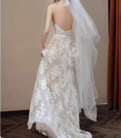 French Retro Lace Halter Off-shoulder Floor-length A-line Wedding Dress P2706
