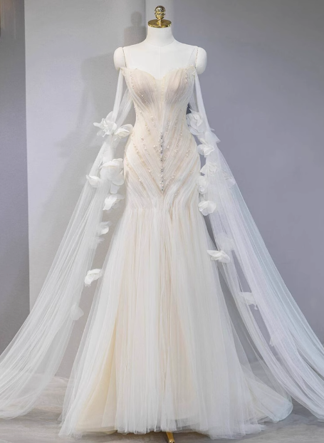 Dreamy White Mermaid Off-the-shoulder Beaded Tulle Wedding Dress P2707