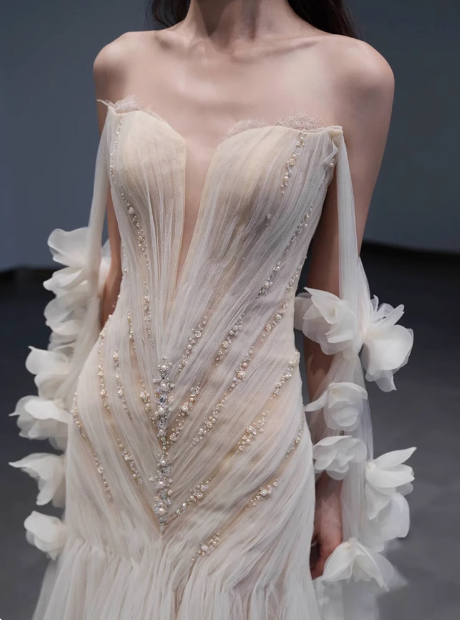 Dreamy White Mermaid Off-the-shoulder Beaded Tulle Wedding Dress P2707