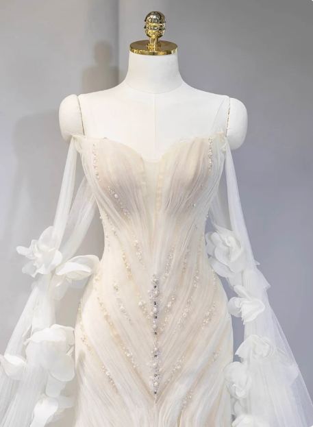 Dreamy White Mermaid Off-the-shoulder Beaded Tulle Wedding Dress P2707