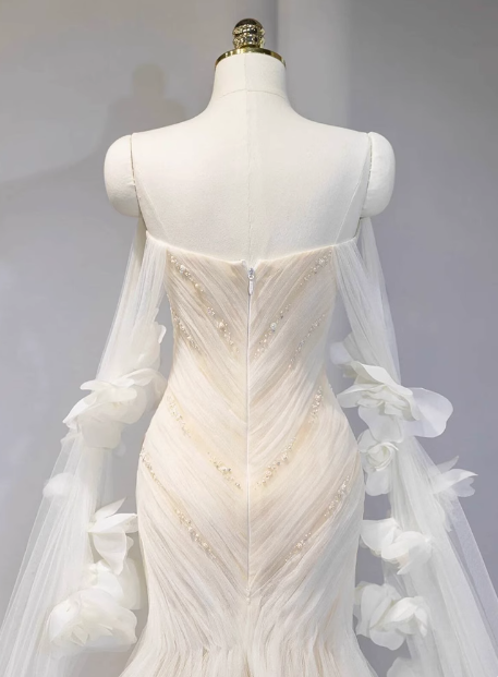 Dreamy White Mermaid Off-the-shoulder Beaded Tulle Wedding Dress P2707