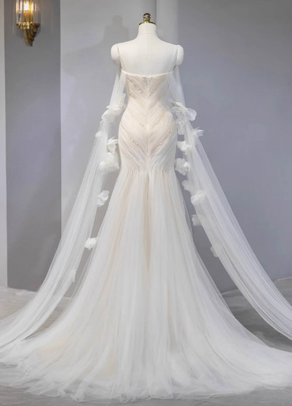 Dreamy White Mermaid Off-the-shoulder Beaded Tulle Wedding Dress P2707