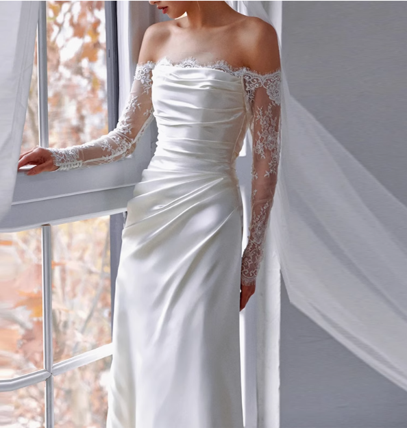 White Elegant One Shoulder Lace Silk Satin Wedding Dress P2708