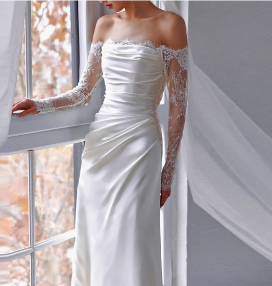 White Elegant One Shoulder Lace Silk Satin Wedding Dress P2708