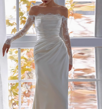 White Elegant One Shoulder Lace Silk Satin Wedding Dress P2708