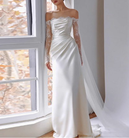 White Elegant One Shoulder Lace Silk Satin Wedding Dress P2708