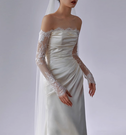 White Elegant One Shoulder Lace Silk Satin Wedding Dress P2708