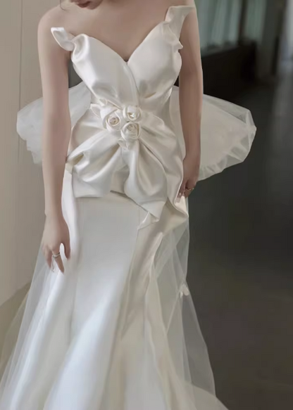 French Elegant White Strapless Chic 3D Flower Mermaid Satin Wedding Dress P2709