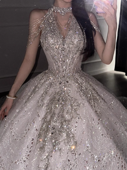 Shining Starry Sky Heavy Industry Halter Neck Princess Tulle Floor-Length Wedding Dress P2712