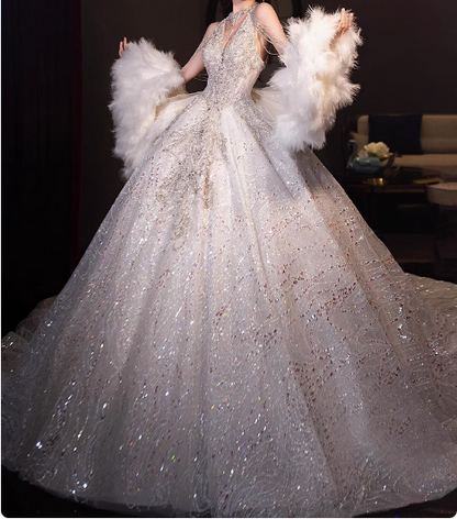 Shining Starry Sky Heavy Industry Halter Neck Princess Tulle Floor-Length Wedding Dress P2712