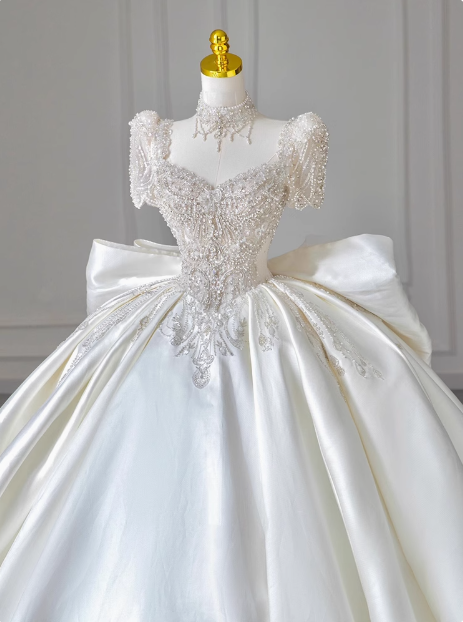French Retro Satin Beaded Short Sleeve Bow Floor-Length Wedding Dress P2713