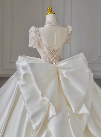 French Retro Satin Beaded Short Sleeve Bow Floor-Length Wedding Dress P2713