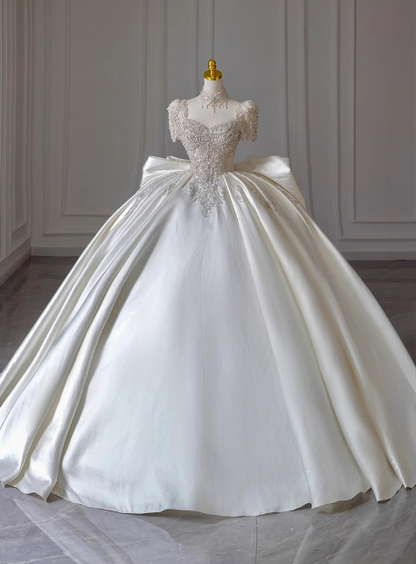 French Retro Satin Beaded Short Sleeve Bow Floor-Length Wedding Dress P2713