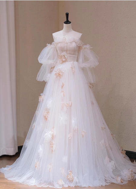 Elegant White Off-the-shoulder Tulle 3D Flower Floor-length Wedding Dress P2714