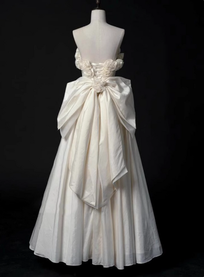 French style tube top 3D flower bow tie back A-line wedding dress P2715