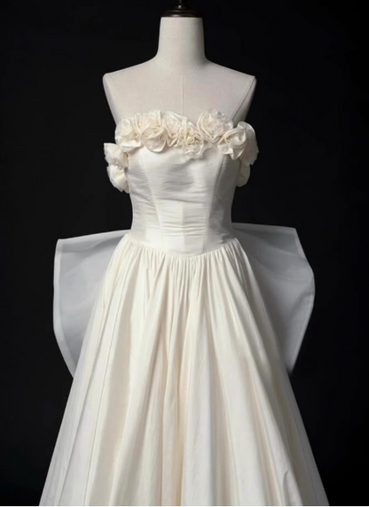 French style tube top 3D flower bow tie back A-line wedding dress P2715