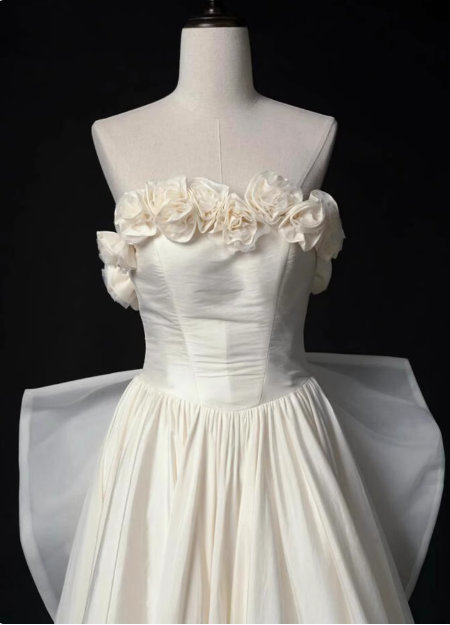 French style tube top 3D flower bow tie back A-line wedding dress P2715