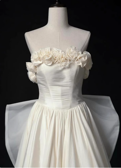 French style tube top 3D flower bow tie back A-line wedding dress P2715