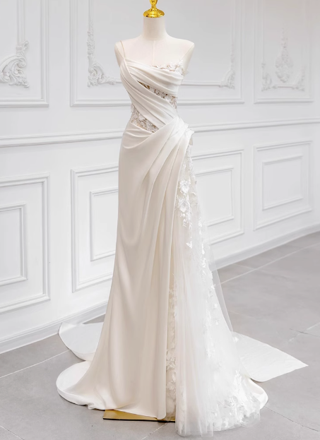 Chic and Elegant White Strapless Satin Lace Mermaid Light Wedding Dress P2716