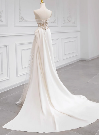 Chic and Elegant White Strapless Satin Lace Mermaid Light Wedding Dress P2716