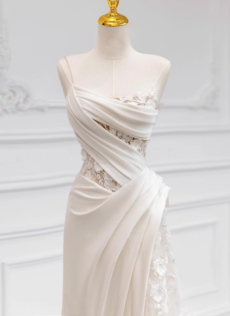 Chic and Elegant White Strapless Satin Lace Mermaid Light Wedding Dress P2716