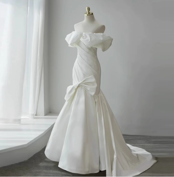 French simple white off-shoulder mermaid satin small train wedding dress P2717