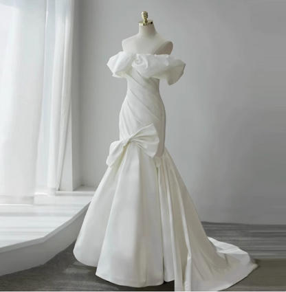 French simple white off-shoulder mermaid satin small train wedding dress P2717