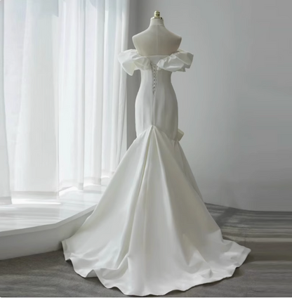 French simple white off-shoulder mermaid satin small train wedding dress P2717
