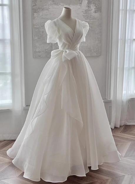 Flowing Floor-Length White V-Neck Short Sleeve Tulle A-Line Wedding Dress P2718