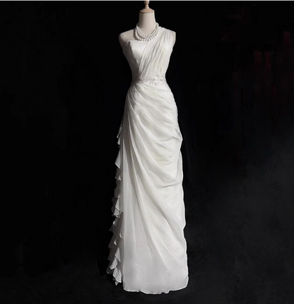 French style white one-shoulder sleeveless floor-length wedding dress P2719