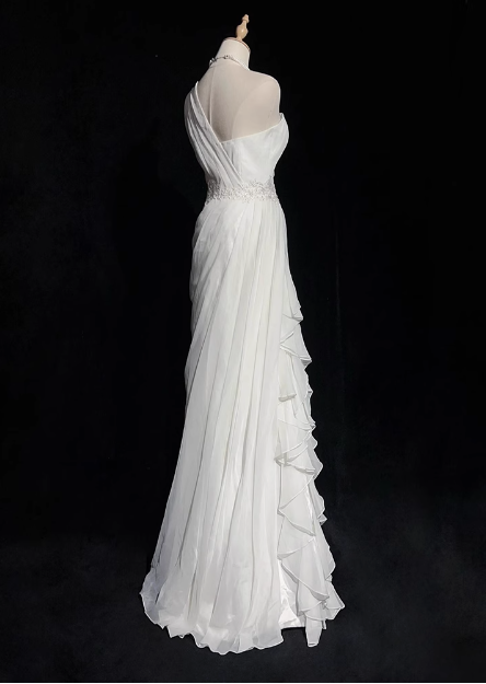 French style white one-shoulder sleeveless floor-length wedding dress P2719