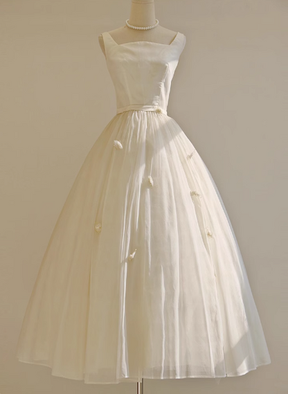 Simple White Strapless Tulle Bowknot A-Line Tea Length Wedding Dress P2721