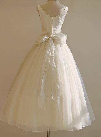 Simple White Strapless Tulle Bowknot A-Line Tea Length Wedding Dress P2721