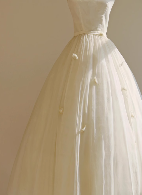 Simple White Strapless Tulle Bowknot A-Line Tea Length Wedding Dress P2721