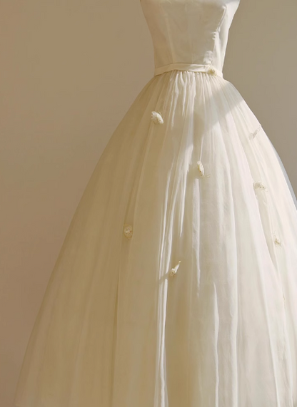 Simple White Strapless Tulle Bowknot A-Line Tea Length Wedding Dress P2721