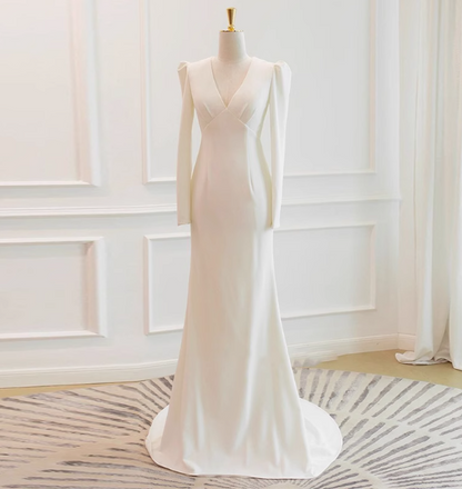 Simple and Elegant Long Sleeve V-Neck Satin Mermaid Floor-Length Wedding Dress P2722