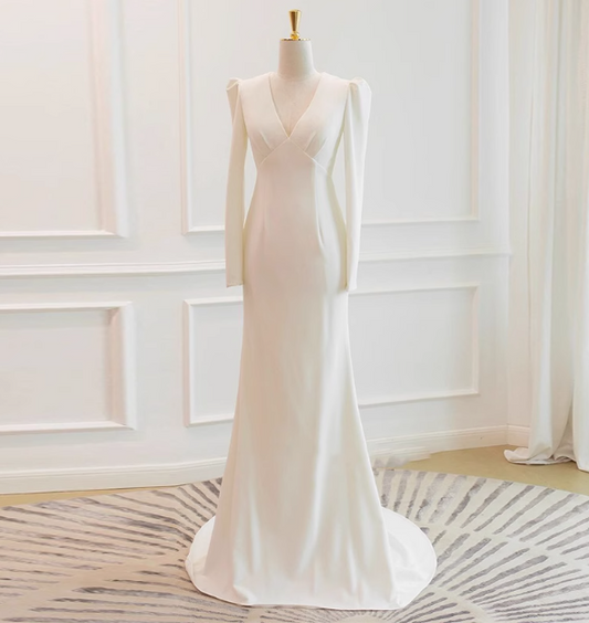 Simple and Elegant Long Sleeve V-Neck Satin Mermaid Floor-Length Wedding Dress P2722