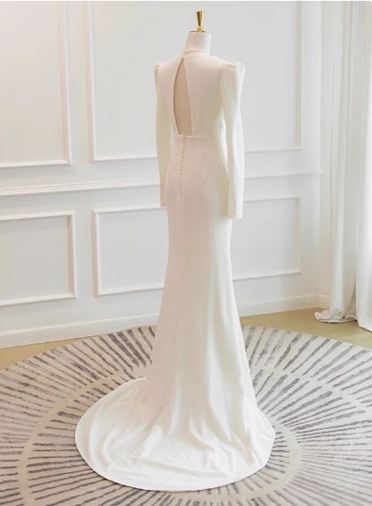 Simple and Elegant Long Sleeve V-Neck Satin Mermaid Floor-Length Wedding Dress P2722