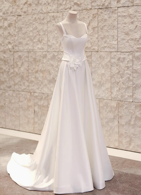 White strapless sleeveless 3D flower A-line small train silk wedding dress P2724