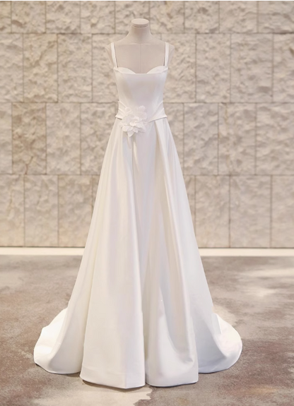 White strapless sleeveless 3D flower A-line small train silk wedding dress P2724