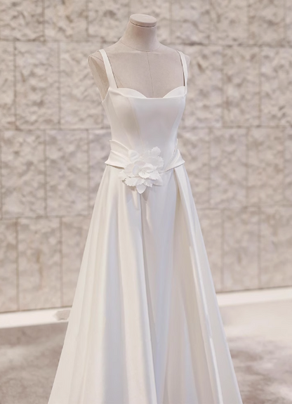White strapless sleeveless 3D flower A-line small train silk wedding dress P2724