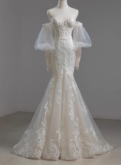 French Lace Strapless Off-shoulder Waisted Fishtail Tulle Wedding Dress with Small Train P2725